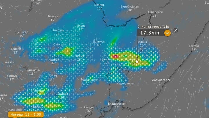 Два раза в одну точку: сильнейшая гроза и ливень обрушатся на Приморье